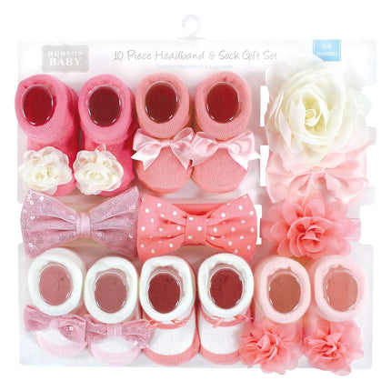 Hudson Baby Girl's Headband and Socks Giftset, Pink Gray, One Size