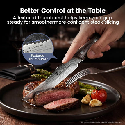 SYOKAMI Steak Knives Set of 6, 12.1 cm High Carbon Content, Japanese Stainless Steel, Non-Serrated Steak Knives with Wooden Handle, Damask Pattern, Full Tang Design, Razor Sharp Table Knife with