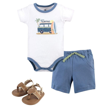 Hudson Baby Ensemble bébé unisexe en coton avec body, short et chaussons, motif surfeur, 9-12 mois