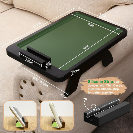 SINWANT Sofa Armrest Tray, Clip On Couch Arm Table, Foldable Sofa Arm Tray with 360° Rotating Phone Holder and Stable Sofa Table for Eating and Drink, Black
