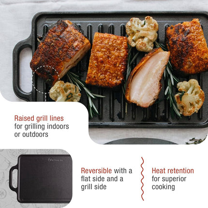 Victoria Rectangular Cast Iron Double Burner Griddle, Reversible Grill, 13 x 8.5 Inch, Seasoned With 100% Kosher Certified Non-GMO Flaxseed Oil, Model: GDL-189