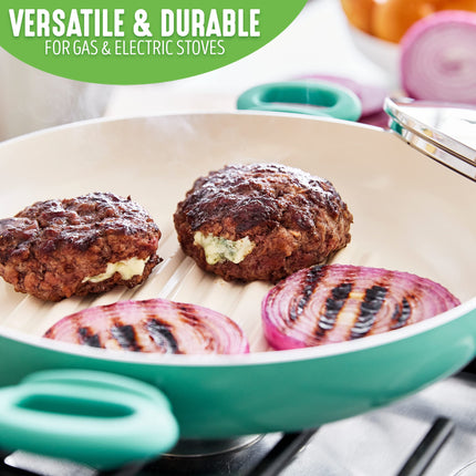 GreenLife Soft Grip Healthy Ceramic Nonstick, Sartén Grill de 28 cm con 2 Asas y Tapa, Sin PFAS, Apto para Lavavajillas, Turquesa
