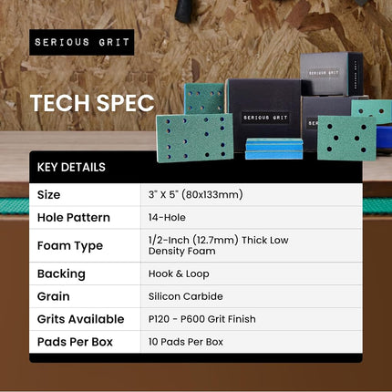Serious Grit - 80x133mm 12.7mm Foam Pads - P150-180 Grit - 10 Pack