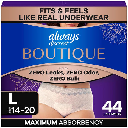 Always Discreet Boutique Incontinence and Postpartum Underwear for Women, Maximum Protection, L, Rosy, 44 Count