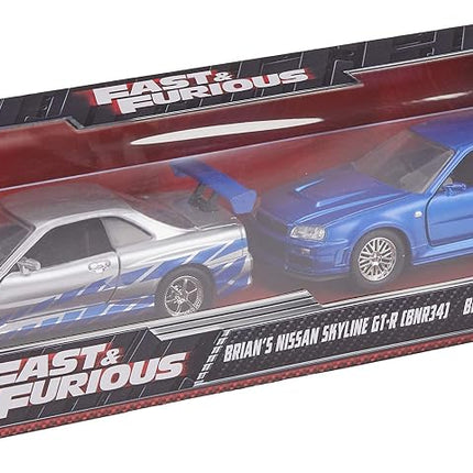 Fast & Furious Brian's Nissan Skyline GT-R R34 Silver & Nissan GT-R R34 Blue 1:32 Die Cast Car, Toys for Kids and Adults