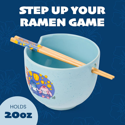 Silver Buffalo Lilo and Stitch Angel Holding Hands Couple Floating Lantern Ceramic Ramen Noodle Rice Bowl with Chopsticks, Microwave Safe, 20 Ounces