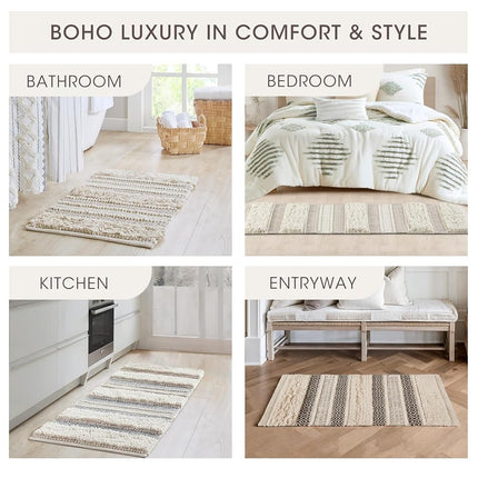 INK+IVY Bath Rug Hand-Woven Texture Shaggy Striped Soft & Water Absorbent, Boho Bathroom Décor Bath-Mats, Non-Slip Absorbent Quick Dry Mats for Tub, Shower Room, Asher, 20x32 Natural