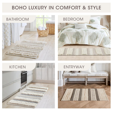 INK+IVY Bath Rug Hand-Woven Texture Shaggy Striped Soft & Water Absorbent, Boho Bathroom Décor Bath-Mats, Non-Slip Absorbent Quick Dry Mats for Tub, Shower Room, Asher, 22x58 Natural