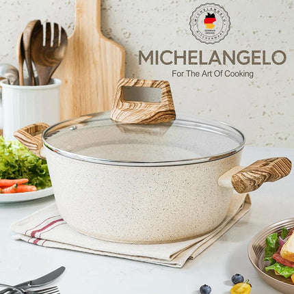 Michelangelo 4.3 Quart Nonstick Soup Pot with Lid, Non-Toxic Granite Coating, Induction Compatible, Non Stick Pot for Cooking with Stay-Cool Handles, White
