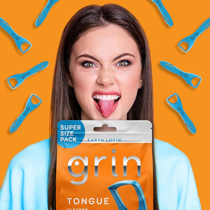 GRIN Tongue Cleaner, 48 Count, Disposable Tongue Cleaner, Hygienic Scraper, Recycled Plastic, Clean Tongue, Promote Fresh Breath, Includes Safe Fold- Back Tooth Pick