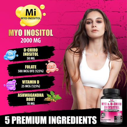 BMVINVOL 2050mg Inositol Supplement - Myo-Inositol and D-Chiro Inositol Plus Folate and Vitamin D - Ideal 40:1 Ratio - 120 Capsules