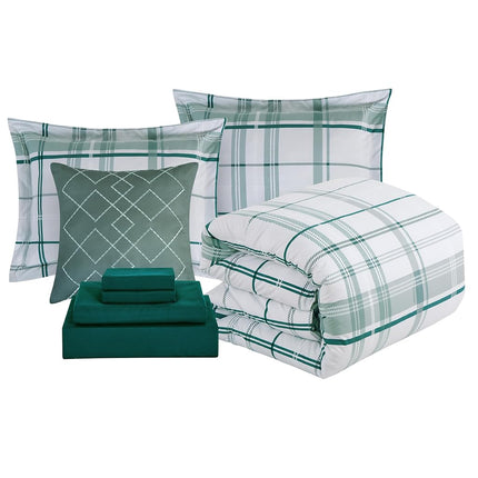 Elegant Comfort Silky Soft 8-Piece Plaid Lodge Bed-in-a-Bag Comforter Set, Includes 4pc Smart Sheet Set, Comforter, Decorative Pillow, Matching Pillowcases and Shams - Twin/Twin XL, Sage