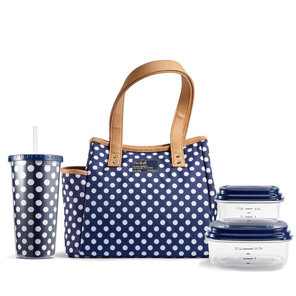 Fit & Fresh Lunch Bag for Women, Insulated Womens Lunch Bag for Work, Leakproof & Stain-Resistant Large Lunch Box for Women with Containers and Matching Tumbler, Zipper, Westerly Lunch Bag, Navy Dot