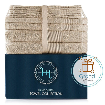 Hearth & Harbor 100% Ring Spun Cotton Bath Towels for bathroom - Luxury Bathroom Towels - Soft & Highly Absorbent Bath Towels Set, 10 Piece Set (2 Bath Towels, 2 Hand Towels, 6 Washcloths) - Cream
