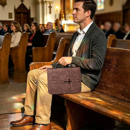Vegan Leather Bible Cover for Men & Women, Bible Case with Gift Box, Christian Catholic Religious Bible Gifts（Brown
