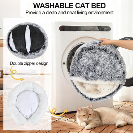 MADDEMCUTE Calming Dog & Cat Cave Bed With Hooded Cover, Removable Washable Round for Small Medium Pets, Anti-Slip Faux Fur Fluffy Coved for Improved Sleep, Fits up to 15/25 lbs (Grey, S)
