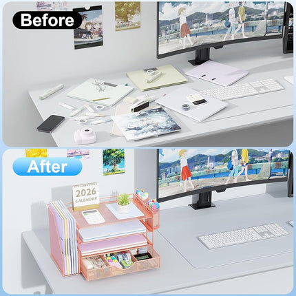 gianotter Paper Letter Tray Organizer with File Holder, 4-Tier Desk Accessories & Workspace Desk Organizers with Drawer and 2 Pen Holder for Office Supplies (Rose Gold)