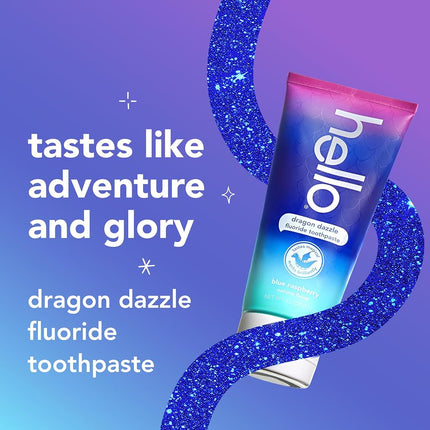hello Dragon Dazzle Blue Raspberry Kids Toothpaste, Fluoride Toothpaste, Ages 2+, No Artificial Sweeteners, No SLS, Gluten Free, Vegan, Pack of 3, 4.2 OZ Tubes