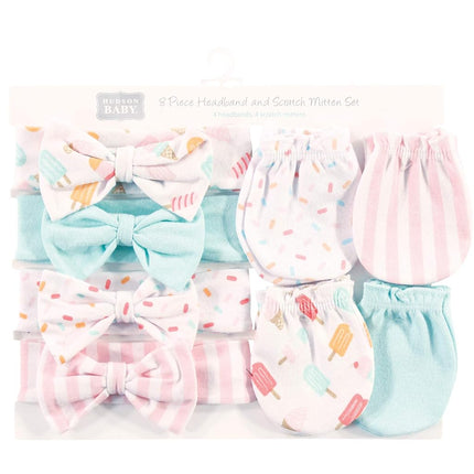 Hudson Baby Baby Girls' Cotton Headband and Scratch Mitten Set, Ice Cream, 0-6 Months