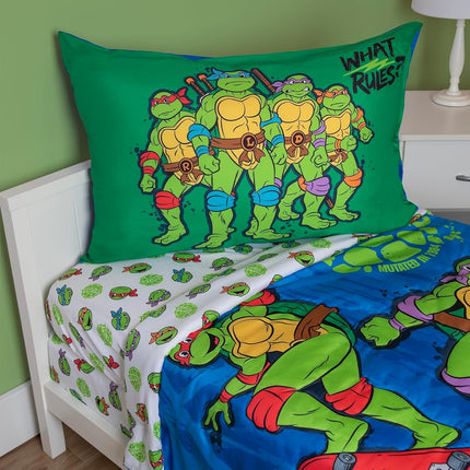 TEENAGE MUTANT NINJA Turtles 4 Piece Toddler Bedding Set – Includes Comforter, Sheet Set – Fitted + Top Sheet + Reversible Pillowcase for Boys Bed, Blue