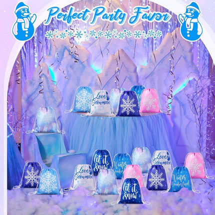 Frozen Party Favors Bags for Winter Snowflake Drawstring Goodies Bags Winter Wonderland Gift Candy Bag for Boys Girls Storage Winter Themed Baby Shower Snowflake Party Supplies (28 Pack)