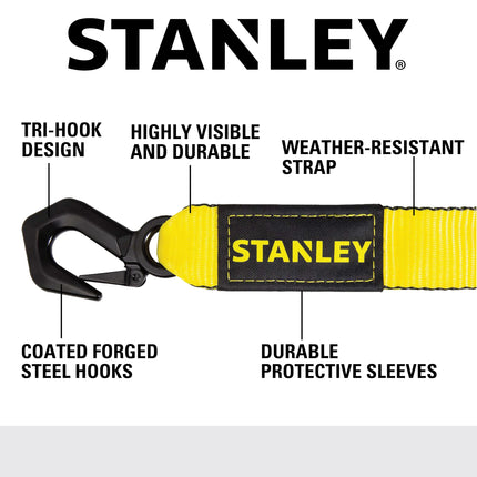 STANLEY S1051 Black/Yellow 2" x 20' Tow Strap with Heavy Duty Tri-Hook (9,000 lbs Break Strength)