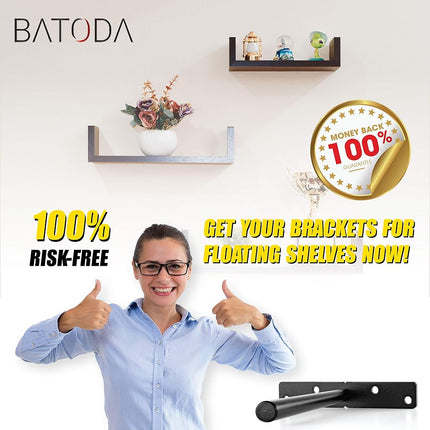 BATODA - 8" Heavy Duty Floating Shelf Bracket (6 pcs) – Solid Steel Blind Shelf Supports - Hidden Brackets for Floating Wood Shelves - Screws and Wall Plugs Included (Large Size)