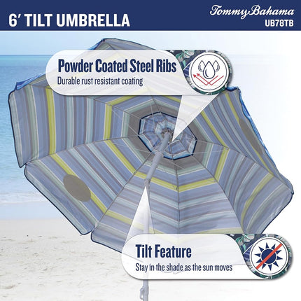 Tommy Bahama 6' UPF 50+ Tilt Beach Umbrella with Wind Vent, Green and Blue Stripe