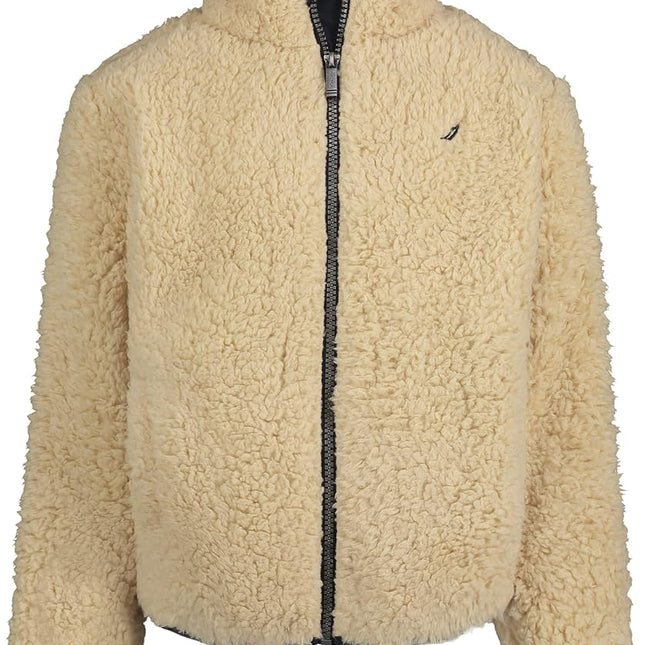 Nautica Boys' Full Zip Jacket, Kangaroo Pockets, Made with Lightweight Fleece, Tan/Sherpa, 10-12