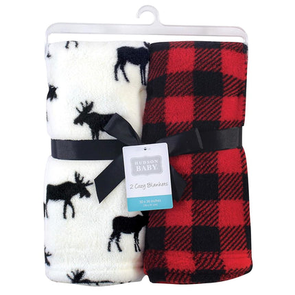 Hudson Baby Unisex Baby Silky Plush and Coral Fleece Blanket, Buffalo Plaid Moose, 30x36 inches