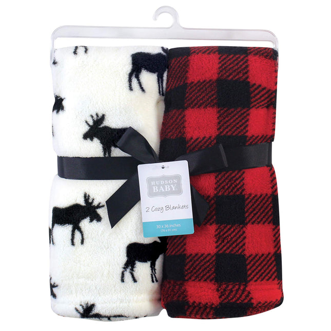 Hudson Baby Unisex Baby Silky Plush and Coral Fleece Blanket, Buffalo Plaid Moose, 30x36 inches