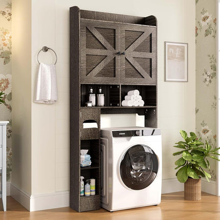 Vipbear Freestanding Wooden Over The Toilet Storage Cabinet with 2 Barn Doors, Toilet Paper Holder, Anti-Tip Device & Adjustable Shelf, Ideal for Bathroom, Restroom & Laundry