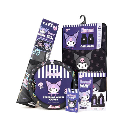 Kuromi Car Seat Covers, Car Floor Mats, Steering Wheel Cover, Windshield Sun Shade Gift Pack with Air Freshener Black and Purple Hello Kitty Accessories for Women 9pc Combo
