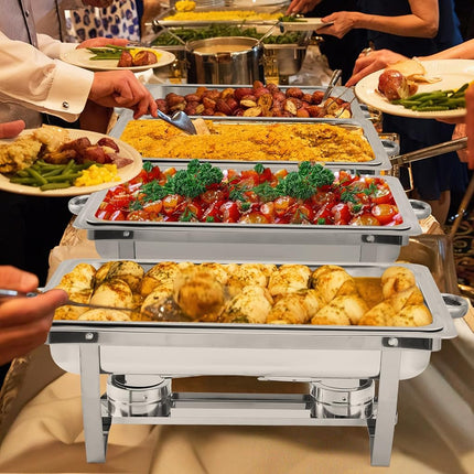 Ensemble de 2 plats de service avec réchaud, 8 litres, en acier inoxydable, avec couvercle, cadre pliant, plats rectangulaires pour fêtes, mariages, événements traiteur, argent