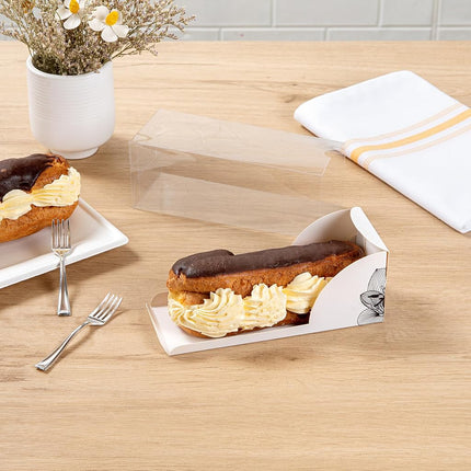 Restaurantware-7 Inch x 2.5 Inch Clear Dessert Boxes, 100 White Paper Sleeve Transparent Candy Boxes - Lotus Accent, No Grease Lining, Clear Plastic Clear Favor Boxes, Crack Resistant, Disposable