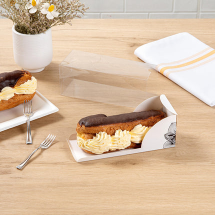 Restaurantware-7 Inch x 2.5 Inch Clear Dessert Boxes, 100 White Paper Sleeve Transparent Candy Boxes - Lotus Accent, No Grease Lining, Clear Plastic Clear Favor Boxes, Crack Resistant, Disposable