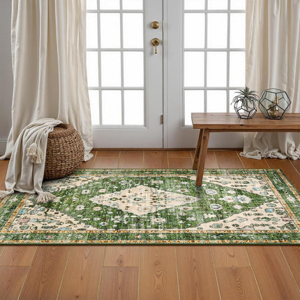 Lahome Boho Tribal Runner Rug - 2x4.3 Green Bohemian Kitchen Runners Small Bedroom Rugs, Distressed Soft Washable Non Slip Throw Carpet Runner for Door Mat Laundry Room Bathroom Office Decor