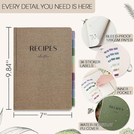 hi!SCI Blank Recipe Book to Write in Your Own Recipes, 10'' x 7'' Large Cookbook, Make Your Own Cookbook, Hardcover Journal for 96 Recipes, Faux Leather, Pre-Printed Page Numbers & Table of Contents