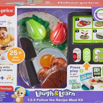 Fisher-Price Preschool Kitchen Playset Laugh & Learn 123 Follow The Recipe Meal Kit 30-Piece Pretend Cooking Toy Set for Ages 3+ Years
