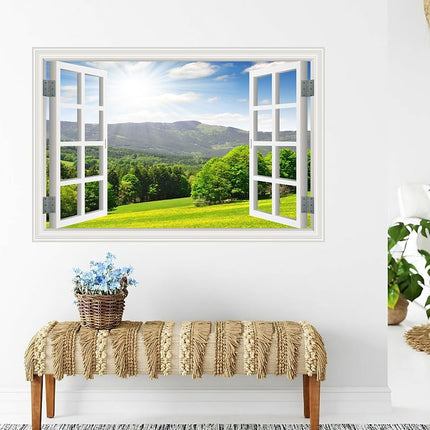 FLFK Fake Window Wall Sticker - Landscape Faux Window Wall Mural, Stick and Peel Wall Decals, 48"x32", Set of 2 Sheets