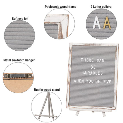 Felt Board With Rustic Vintage Frame and Stand 12x16 Inch, Grey Changeable Message Board Includes 792 Letters, Numbers and Symbols, Hook to Hang, 2 Canvas Bags