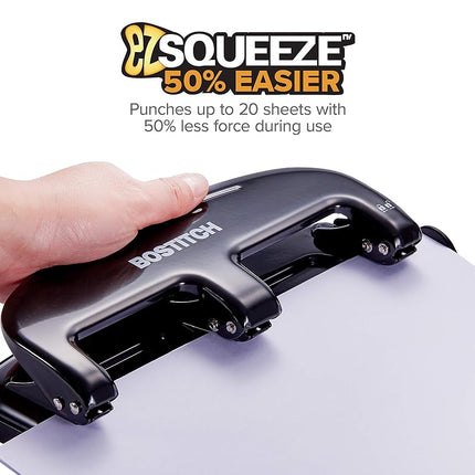 Bostitch Office EZ Squeeze 20 Sheet Standard 3 Hole Punch, Metal Construction, Silver/Black (HP20)