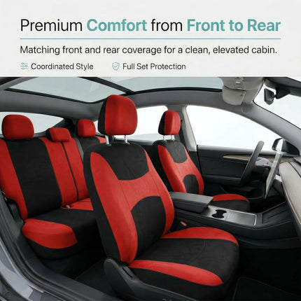 FH Group Light & Breezy Cloth Car Seat Covers, 7 Seater Three Row Set- Airbag & Split Ready -Universal for Cars Trucks and SUVs (Red/Black)