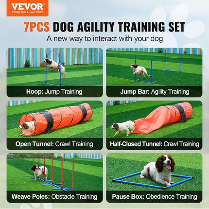 VEVOR Dog Agility Training Equipment, 7 PCS Set Upgrade w/Adjustable High Hurdles,6 Weave Poles,2 Tunnels,Jump Ring,Pause Box, Whistle,Foldable Bowl,Puppy Obstacle Course Kit w/ 3 Bags
