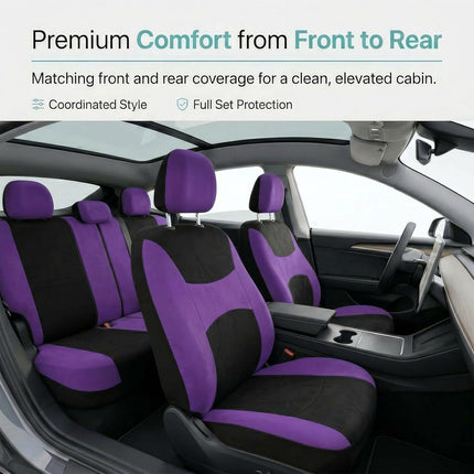 FH Group Light & Breezy Cloth Car Seat Covers, 7 Seater Three Row Set- Airbag & Split Ready -Universal for Cars Trucks and SUVs (Purple/Black)