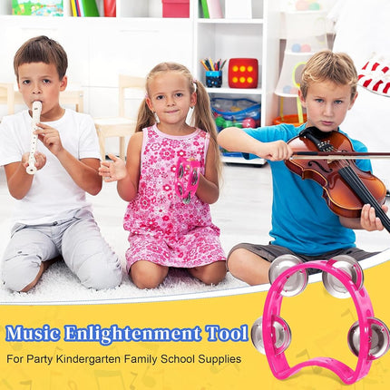 Lukmaa 12 Pcs Plastic Percussion Tambourine with 4 Bells Rhythm Musical Instruments for Adults Hand Tambourine Hand Held Percussion Drum for Party Kindergarten Family School Supplies (Pink)