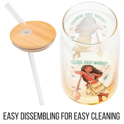 Silver Buffalo Disney Moana “Enjoy The Waves” Glass Tumbler with Bamboo Lid and Glass Straw, 16 Ounces