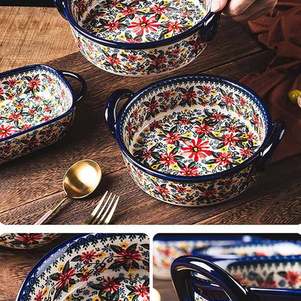 Bicuzat Red Daisy Flower Vintage Style Ceramic Bakeware Casserole Dish Baking Pan Lasagna Pans Baking Dish with Handles for Oven/Cooking/Kitchen-1 PCS, 32 OZ