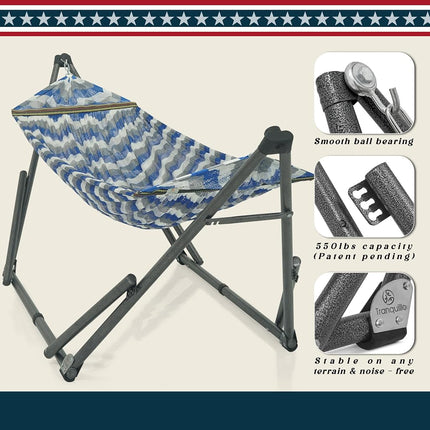 Tranquillo Uniki 3-Year Warranty Hammock Stand, 30s Foldable Hammock with Stand, 550 lbs Capacity Camping Hammock and Stand, Signature Steel Stand Breathable Polyester Hammock Net, Chevron