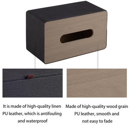 RHCSZ High-end Pu Leather Tissue Box Holder Two Color Combination-Linen and Wood Grain,Rounded Rectangle Napkin Paper Case Dispenser for Home Bathroom Dresser Offices Car Tissue Cover (Black)